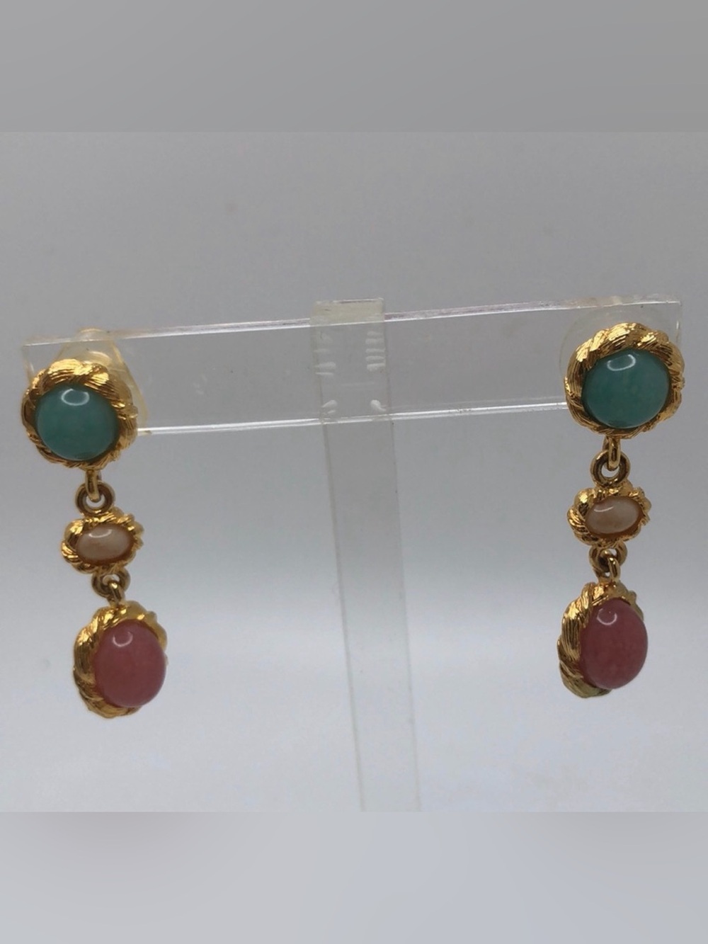 Vintage Signed LCI Liz Claiborne Multi Gem Cabochon Drop Earrings Gold Tone